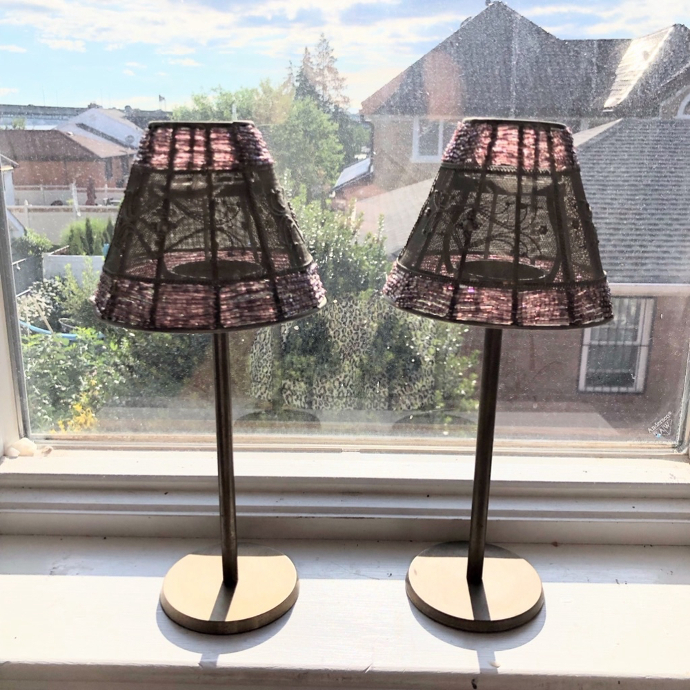 Vintage brass pair hand beaded candle lamps